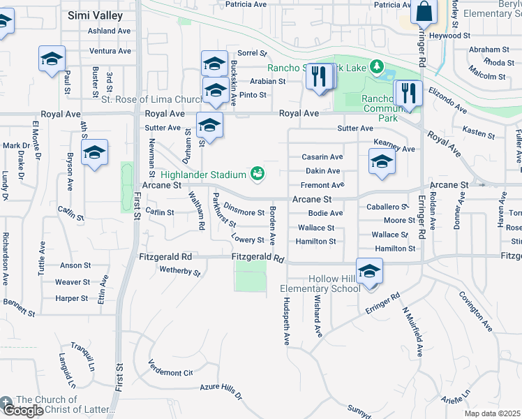 map of restaurants, bars, coffee shops, grocery stores, and more near 1463 Dinsmore Street in Simi Valley