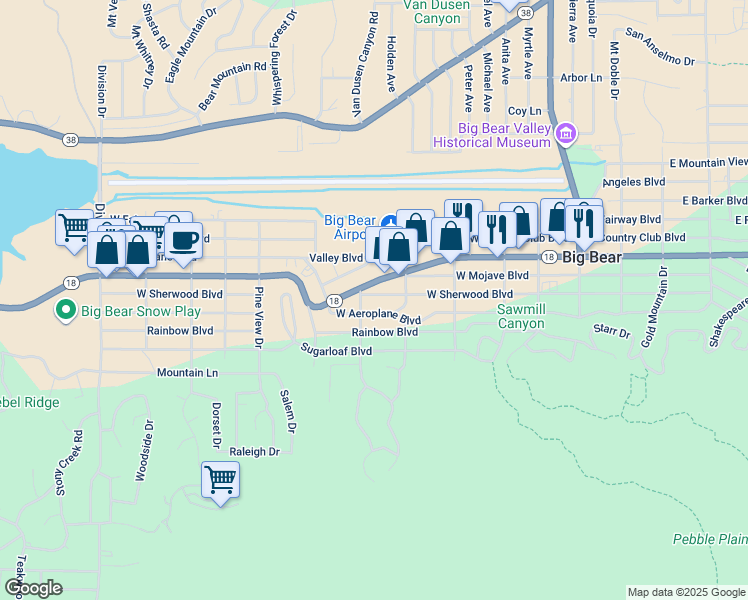 map of restaurants, bars, coffee shops, grocery stores, and more near 530 West Sherwood Boulevard in Big Bear