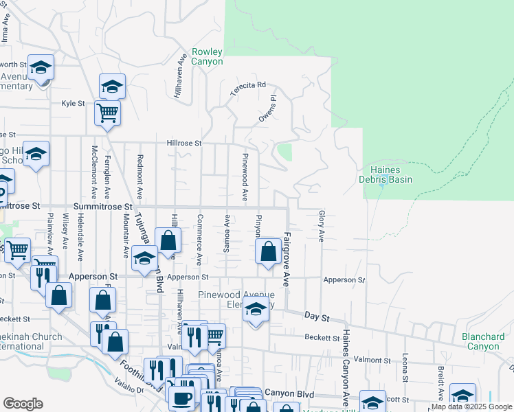 map of restaurants, bars, coffee shops, grocery stores, and more near 10505 Pinyon Avenue in Los Angeles