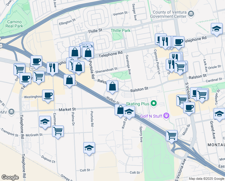 map of restaurants, bars, coffee shops, grocery stores, and more near 1486 Zion Way in Ventura