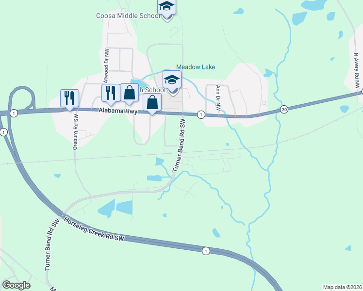 map of restaurants, bars, coffee shops, grocery stores, and more near 60 Turner Bend Road Southwest in Rome