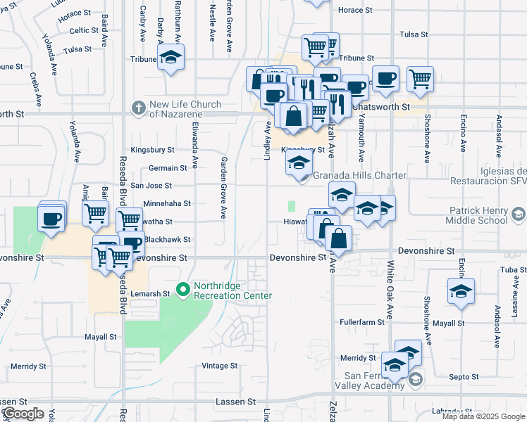 map of restaurants, bars, coffee shops, grocery stores, and more near 10435 Lindley Avenue in Los Angeles