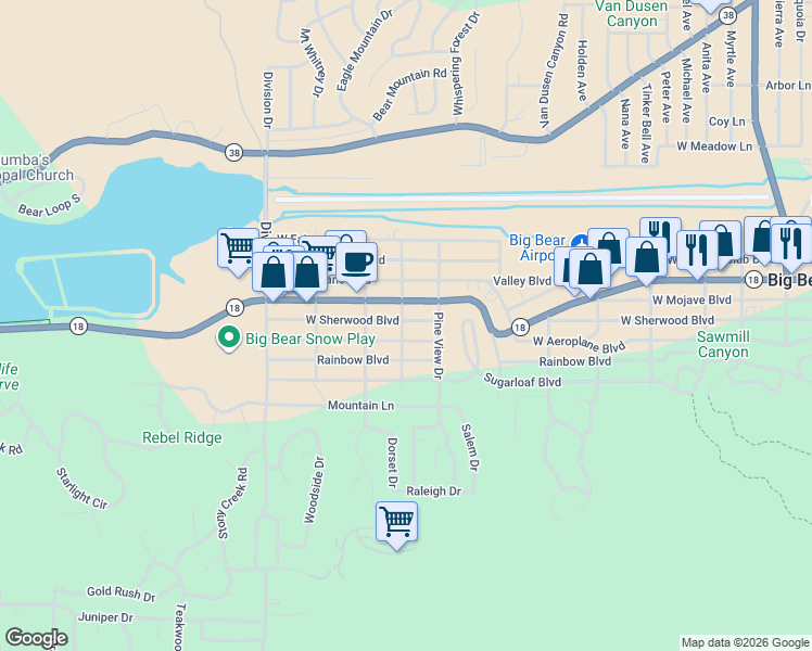 map of restaurants, bars, coffee shops, grocery stores, and more near 828 West Sherwood Boulevard in Big Bear