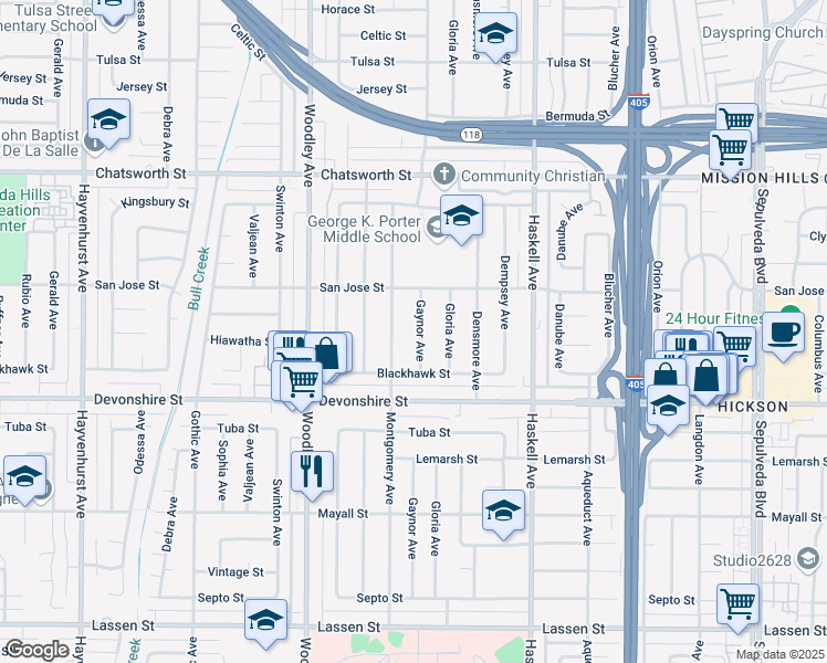 map of restaurants, bars, coffee shops, grocery stores, and more near 10413 Gaynor Avenue in Los Angeles