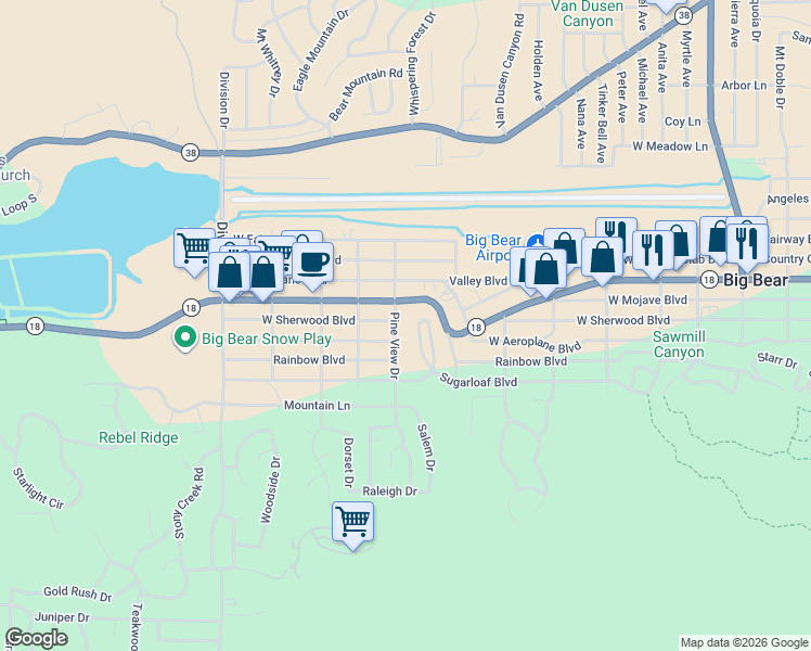 map of restaurants, bars, coffee shops, grocery stores, and more near 202 Pine View Drive in Big Bear