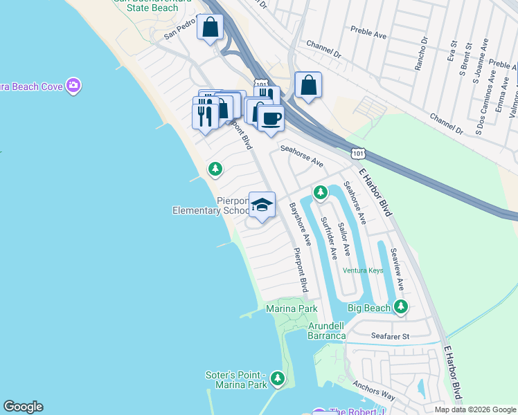 map of restaurants, bars, coffee shops, grocery stores, and more near 1199 New Bedford Court in Ventura