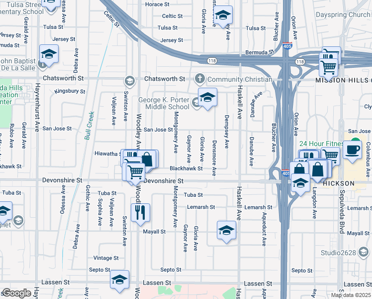 map of restaurants, bars, coffee shops, grocery stores, and more near 10413 Gaynor Avenue in Los Angeles