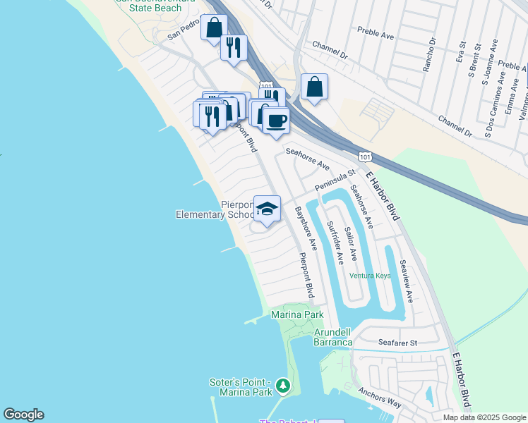 map of restaurants, bars, coffee shops, grocery stores, and more near 1199 New Bedford Court in Ventura
