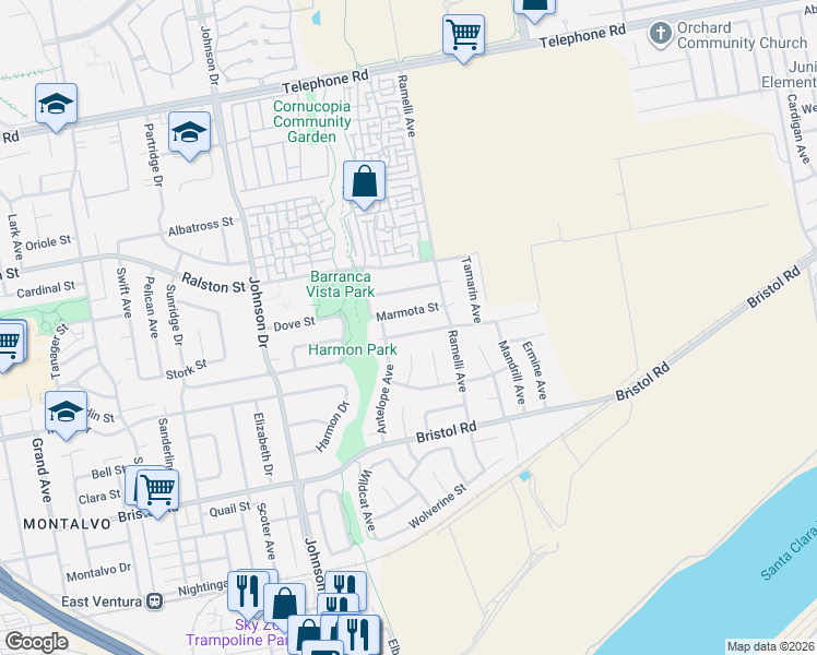 map of restaurants, bars, coffee shops, grocery stores, and more near 7187 Lemur Street in Ventura