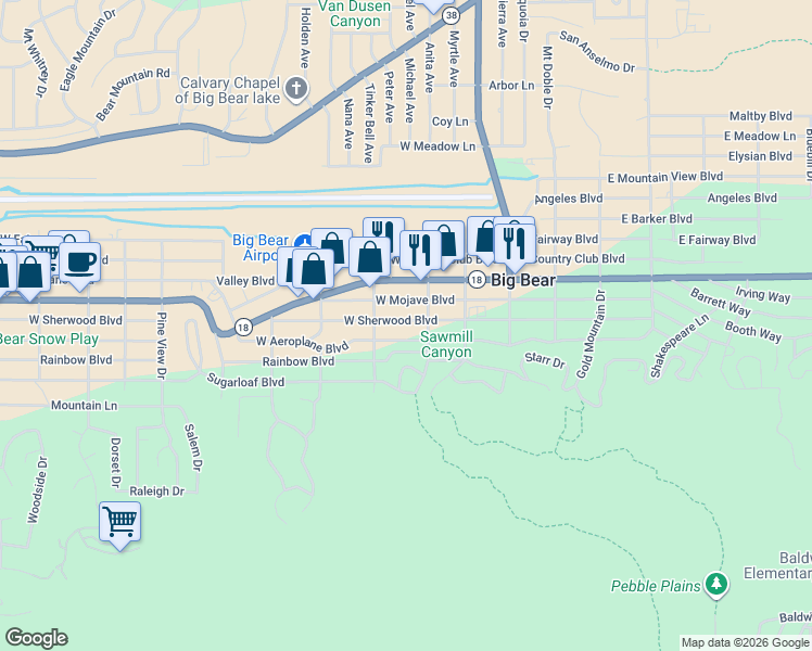 map of restaurants, bars, coffee shops, grocery stores, and more near 318 West Sherwood Boulevard in Big Bear