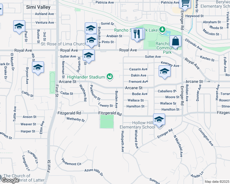 map of restaurants, bars, coffee shops, grocery stores, and more near 1491 Dinsmore Street in Simi Valley