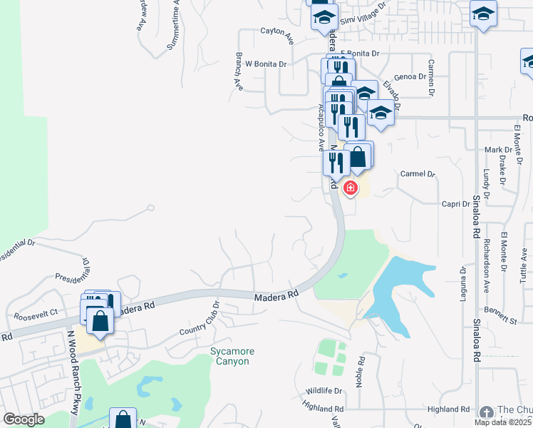 map of restaurants, bars, coffee shops, grocery stores, and more near 1100 North Country Club Drive in Simi Valley