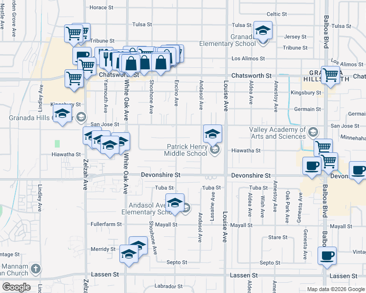 map of restaurants, bars, coffee shops, grocery stores, and more near 17441 Hiawatha Street in Los Angeles