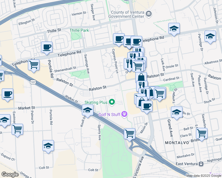 map of restaurants, bars, coffee shops, grocery stores, and more near 5654 Ralston Street in Ventura