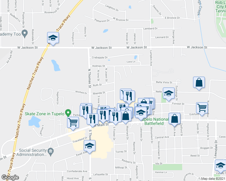 map of restaurants, bars, coffee shops, grocery stores, and more near 2400 Rhenda Street in Tupelo