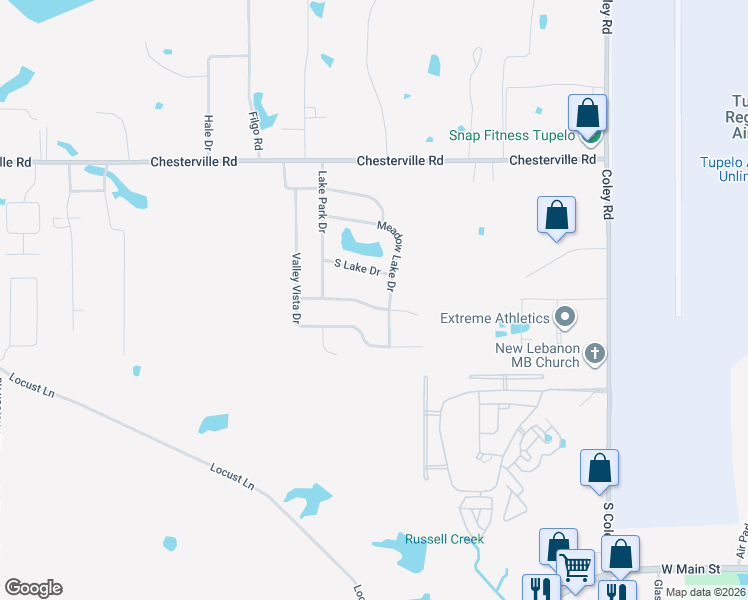 map of restaurants, bars, coffee shops, grocery stores, and more near 4394 Meadow Lake Drive in Tupelo