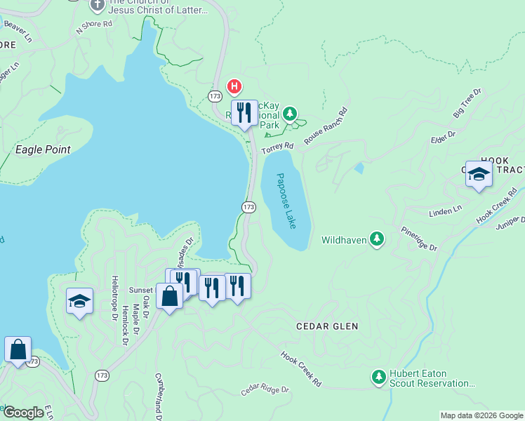 map of restaurants, bars, coffee shops, grocery stores, and more near 565 Canyon View Drive in Lake Arrowhead