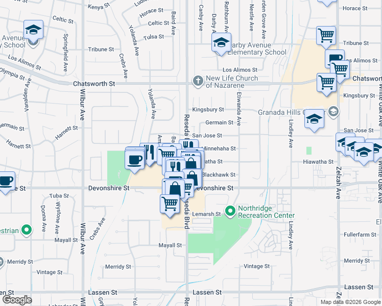 map of restaurants, bars, coffee shops, grocery stores, and more near 10424 Reseda Boulevard in Los Angeles