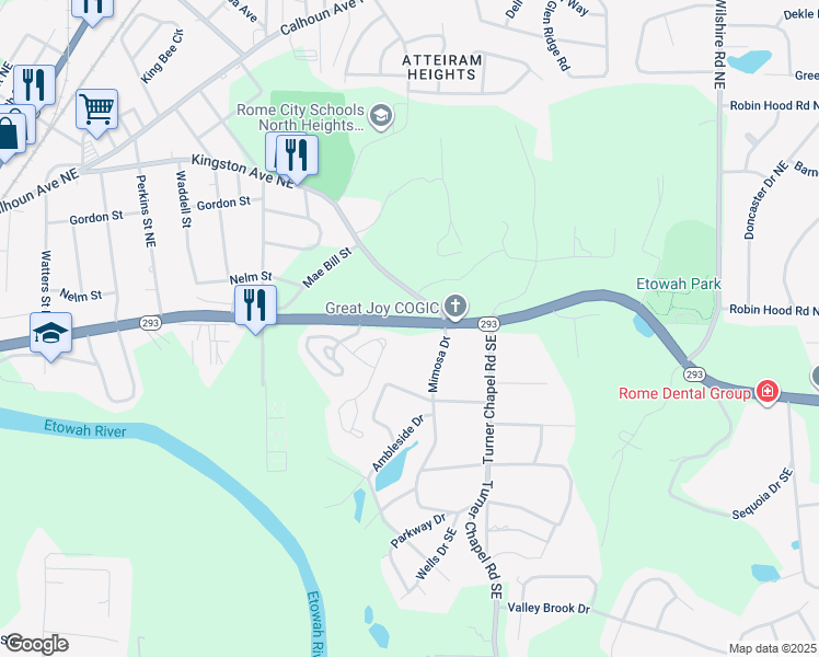 map of restaurants, bars, coffee shops, grocery stores, and more near 1640 Martin Luther King Junior Boulevard in Rome