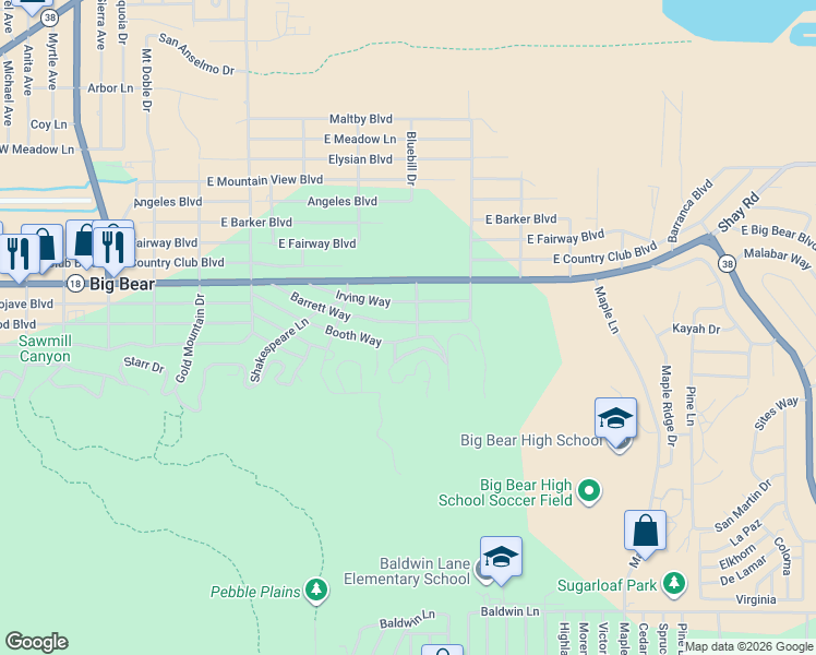 map of restaurants, bars, coffee shops, grocery stores, and more near 665 Barrett Way in Big Bear