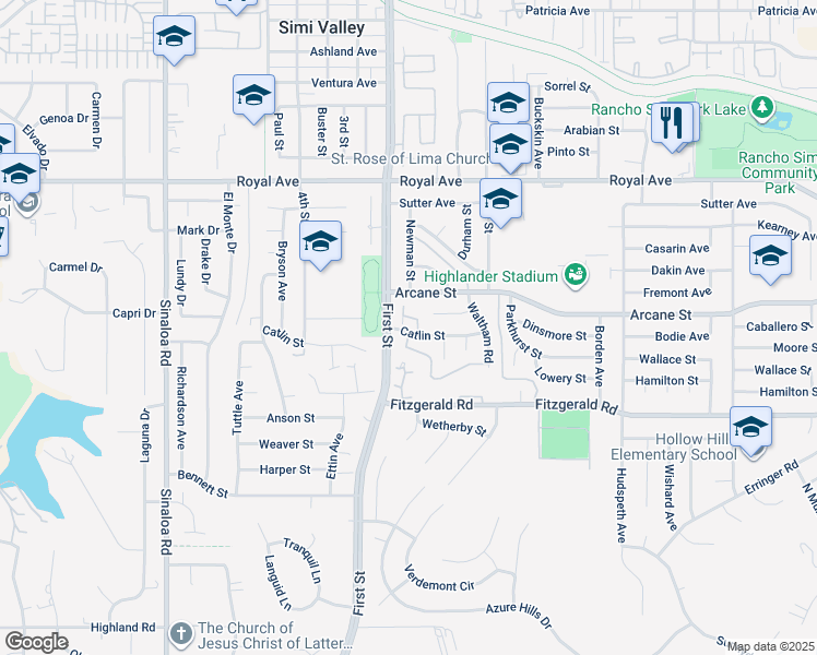 map of restaurants, bars, coffee shops, grocery stores, and more near 1130 Hudson Court in Simi Valley
