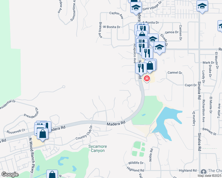 map of restaurants, bars, coffee shops, grocery stores, and more near 1100 North Country Club Drive in Simi Valley