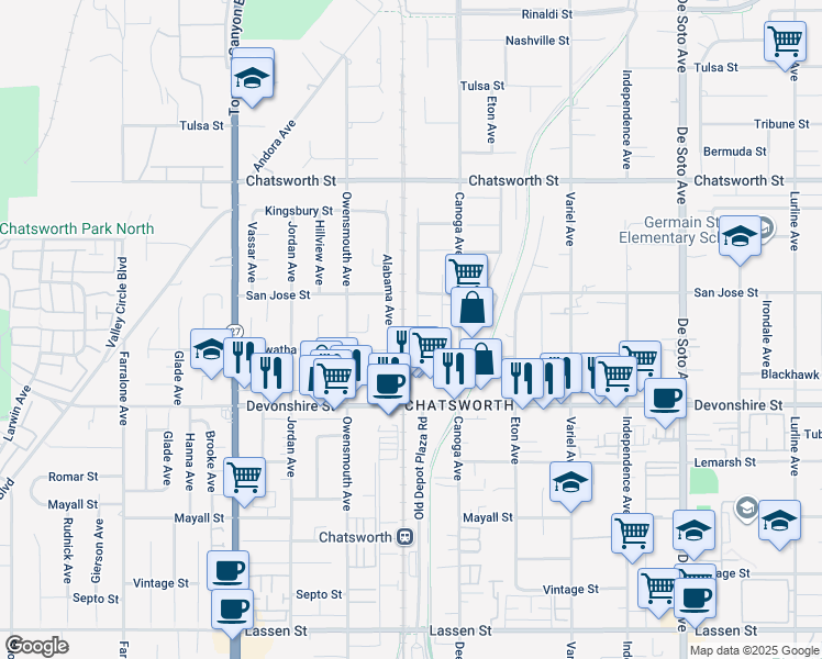 map of restaurants, bars, coffee shops, grocery stores, and more near 10423 Willowbrae Avenue in Los Angeles
