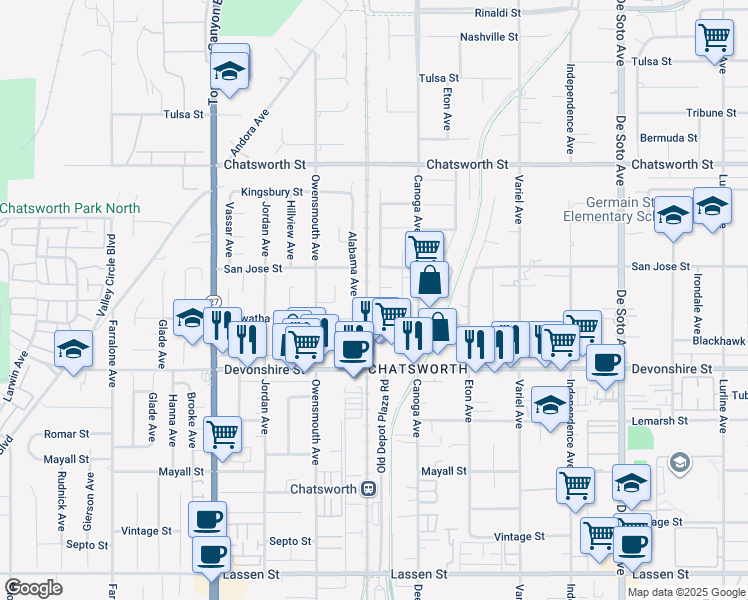 map of restaurants, bars, coffee shops, grocery stores, and more near 10423 Willowbrae Avenue in Los Angeles