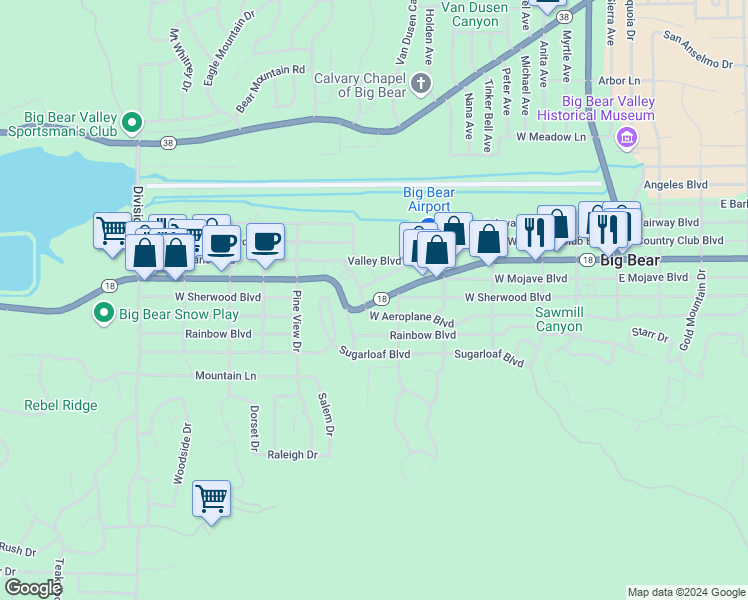 map of restaurants, bars, coffee shops, grocery stores, and more near 2 Big Bear Boulevard in Big Bear Lake