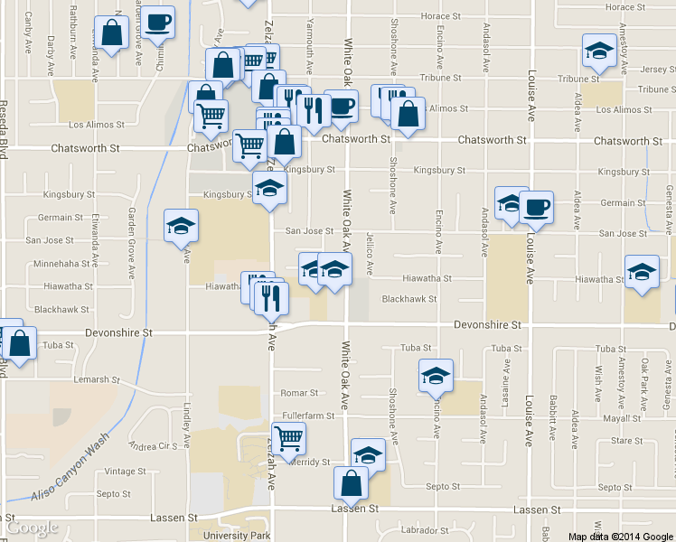 map of restaurants, bars, coffee shops, grocery stores, and more near 10413 White Oak Avenue in Los Angeles