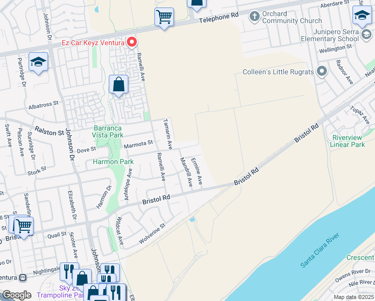 map of restaurants, bars, coffee shops, grocery stores, and more near 7584 Lemur Street in Ventura