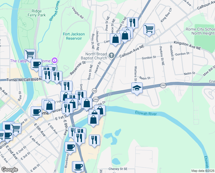 map of restaurants, bars, coffee shops, grocery stores, and more near 34 Gibbons Street Northeast in Rome