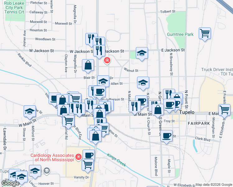 map of restaurants, bars, coffee shops, grocery stores, and more near 633-699 Allen Street in Tupelo