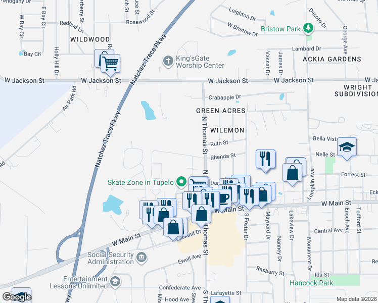 map of restaurants, bars, coffee shops, grocery stores, and more near 2014-2098 Winfield Drive in Tupelo