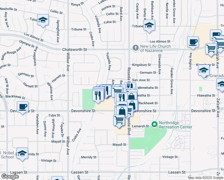 map of restaurants, bars, coffee shops, grocery stores, and more near 10417 Amigo Avenue in Los Angeles
