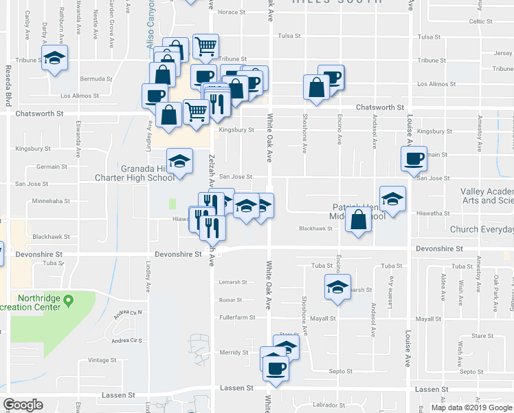 map of restaurants, bars, coffee shops, grocery stores, and more near 10412 Yarmouth Avenue in Granada Hills