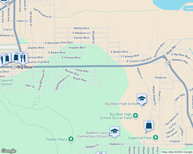 map of restaurants, bars, coffee shops, grocery stores, and more near 668 Barrett Way in Big Bear