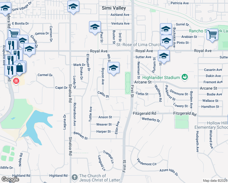 map of restaurants, bars, coffee shops, grocery stores, and more near 838 Rivera Street in Simi Valley
