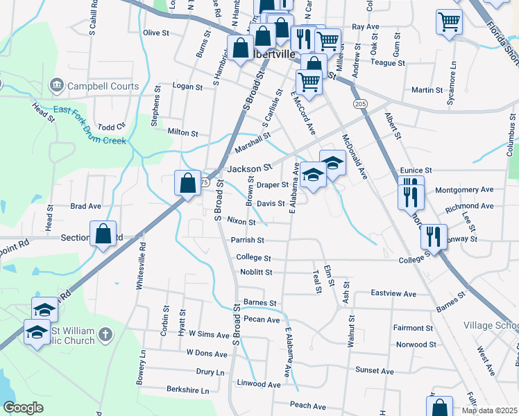 map of restaurants, bars, coffee shops, grocery stores, and more near 310 Davis Street in Albertville