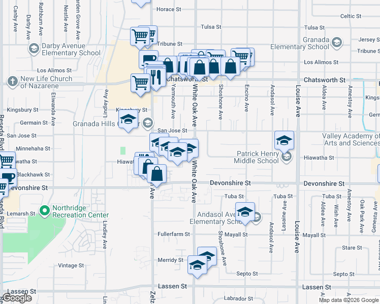 map of restaurants, bars, coffee shops, grocery stores, and more near 10413 White Oak Avenue in Los Angeles