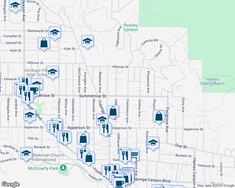 map of restaurants, bars, coffee shops, grocery stores, and more near 10506 Hillhaven Avenue in Los Angeles