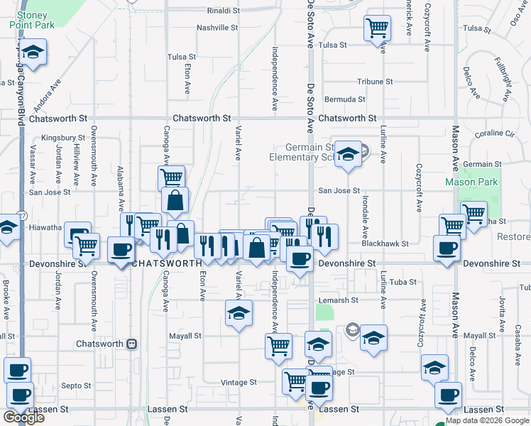 map of restaurants, bars, coffee shops, grocery stores, and more near 10435 Independence Avenue in Los Angeles