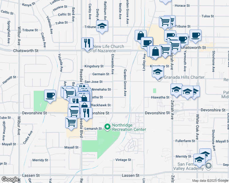 map of restaurants, bars, coffee shops, grocery stores, and more near 18260 Minnehaha Street in Los Angeles