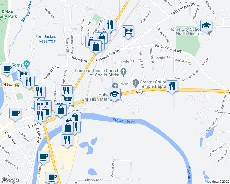 map of restaurants, bars, coffee shops, grocery stores, and more near 1233 Martin Luther King Junior Boulevard in Rome