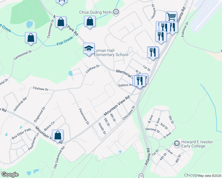 map of restaurants, bars, coffee shops, grocery stores, and more near 2206 Titshaw Drive in Gainesville