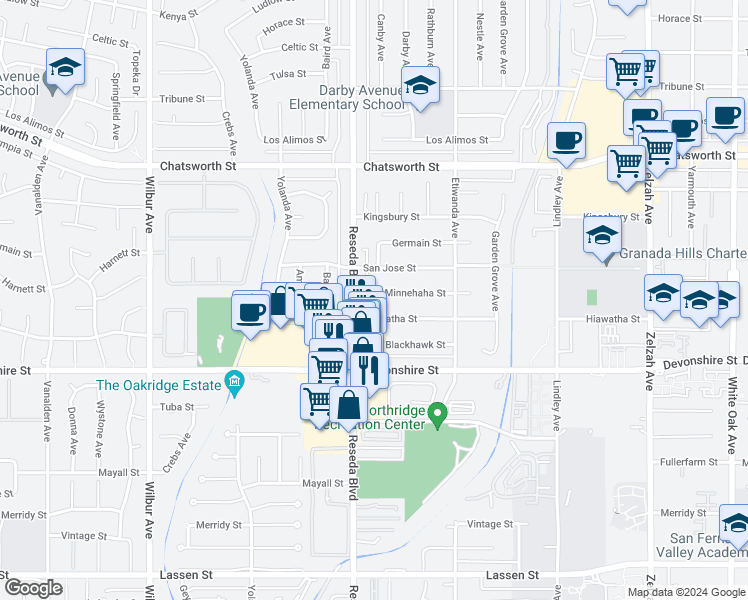 map of restaurants, bars, coffee shops, grocery stores, and more near 10417 Canby Avenue in Los Angeles