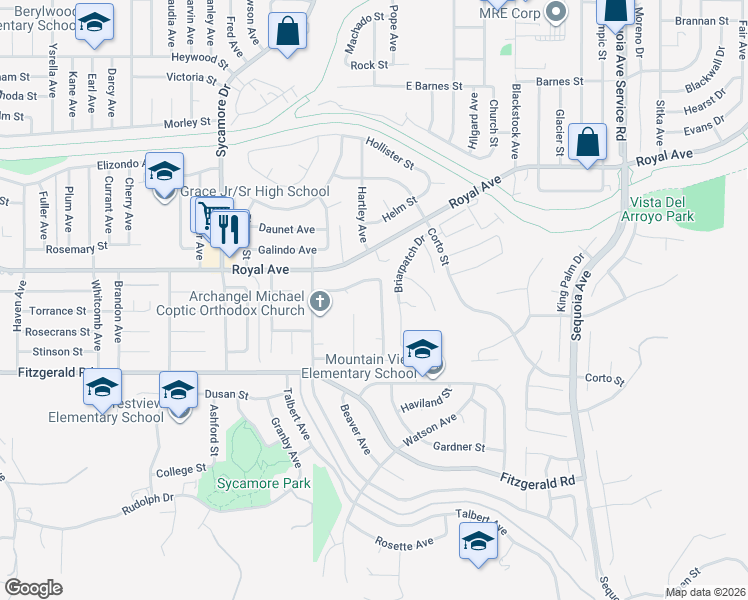 map of restaurants, bars, coffee shops, grocery stores, and more near 1155 North Currier Avenue in Simi Valley