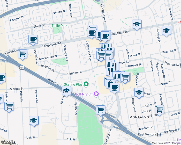 map of restaurants, bars, coffee shops, grocery stores, and more near 5654 Ralston Street in Ventura