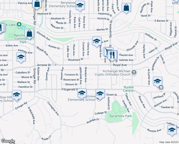 map of restaurants, bars, coffee shops, grocery stores, and more near 2346 East Torrance Street in Simi Valley