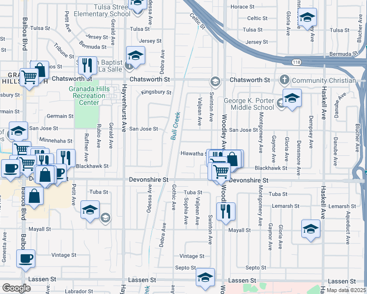 map of restaurants, bars, coffee shops, grocery stores, and more near 16318 Minnehaha Street in Los Angeles